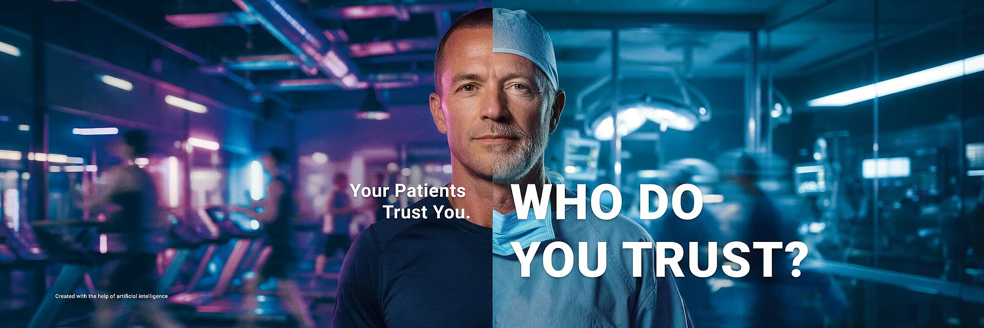 Ceramic Implants You Can Trust | BIOLOX® Split-portrait of a man shown as both an athlete who could be a potential patient and an orthopedic surgeon, with the text "Who Do You Trust?"