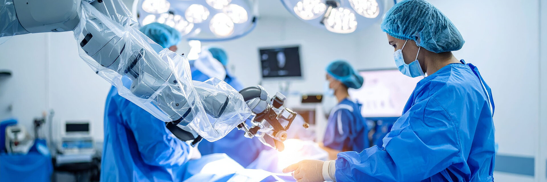 Surgeons and Advanced Robotic Arm Collaborate on a Delicate Procedure in a Modern Operating Room