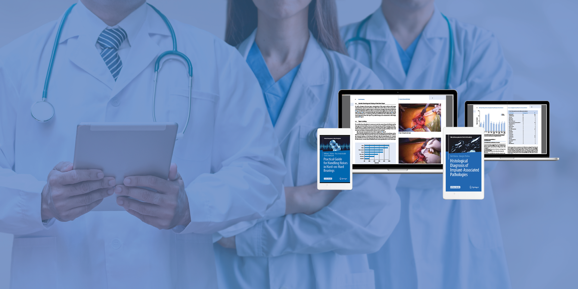 Medical professionals standing behind digital devices displaying clinical guides and surgical images related to ceramic implant best practices, accompanied by the text describing clinical guides and videos.