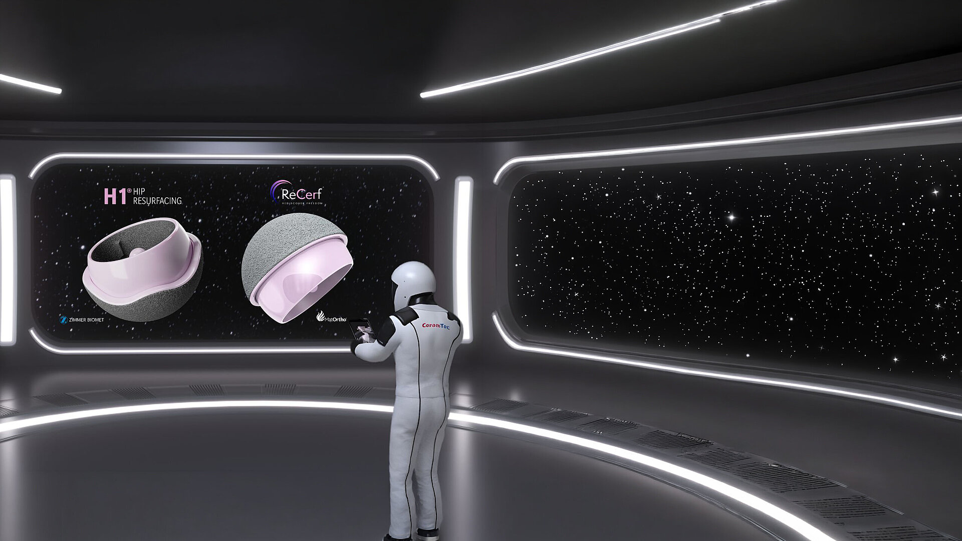 Futuristic exhibition scene showing a CeramTec‑astronaut standing in a ISS while viewing a digital display of ceramic-on-ceramic hip resurfacing components labeled H1® Hip Resurfacing and ReCerf®, promoting attendance at the British Hip Society meeting, Stand B17 in London, March 18–20 2026