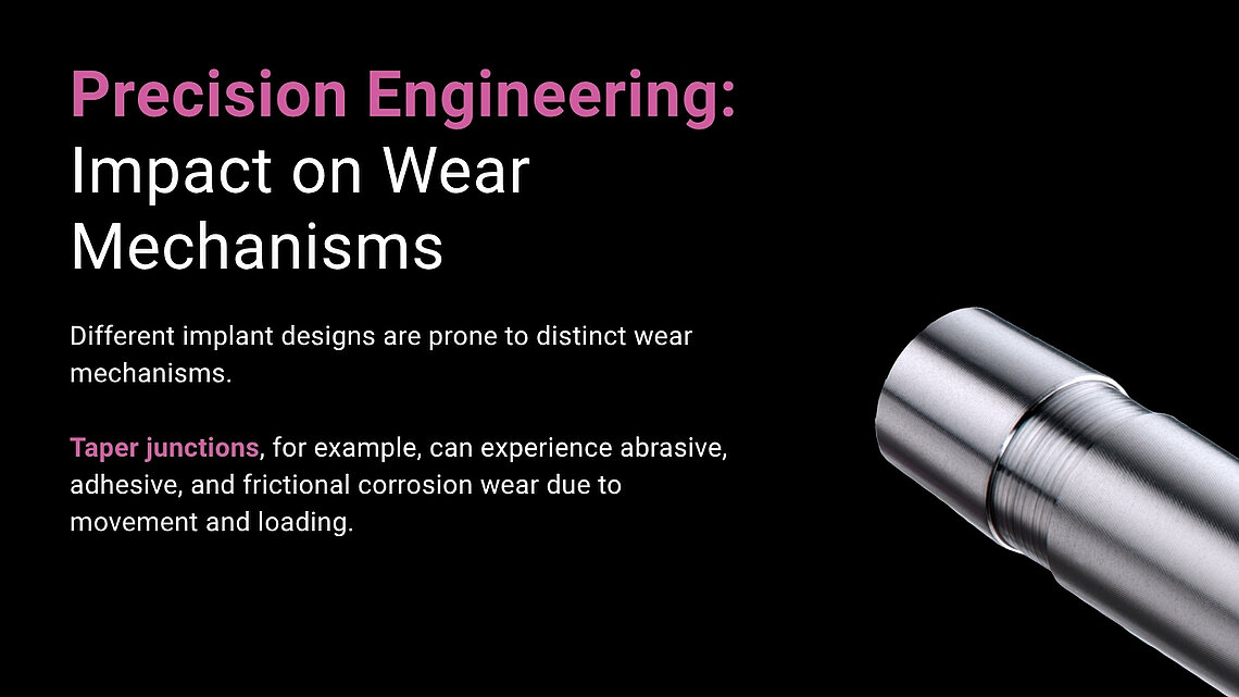 Close-up of a metallic hip implant taper junction component illustrating precision engineering and wear mechanism analysis in THA