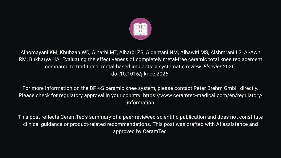 Reference slide citing Alhomayani et al. 2026 systematic review on ceramic TKA, with regulatory disclaimer and CeramTec Medical contact information