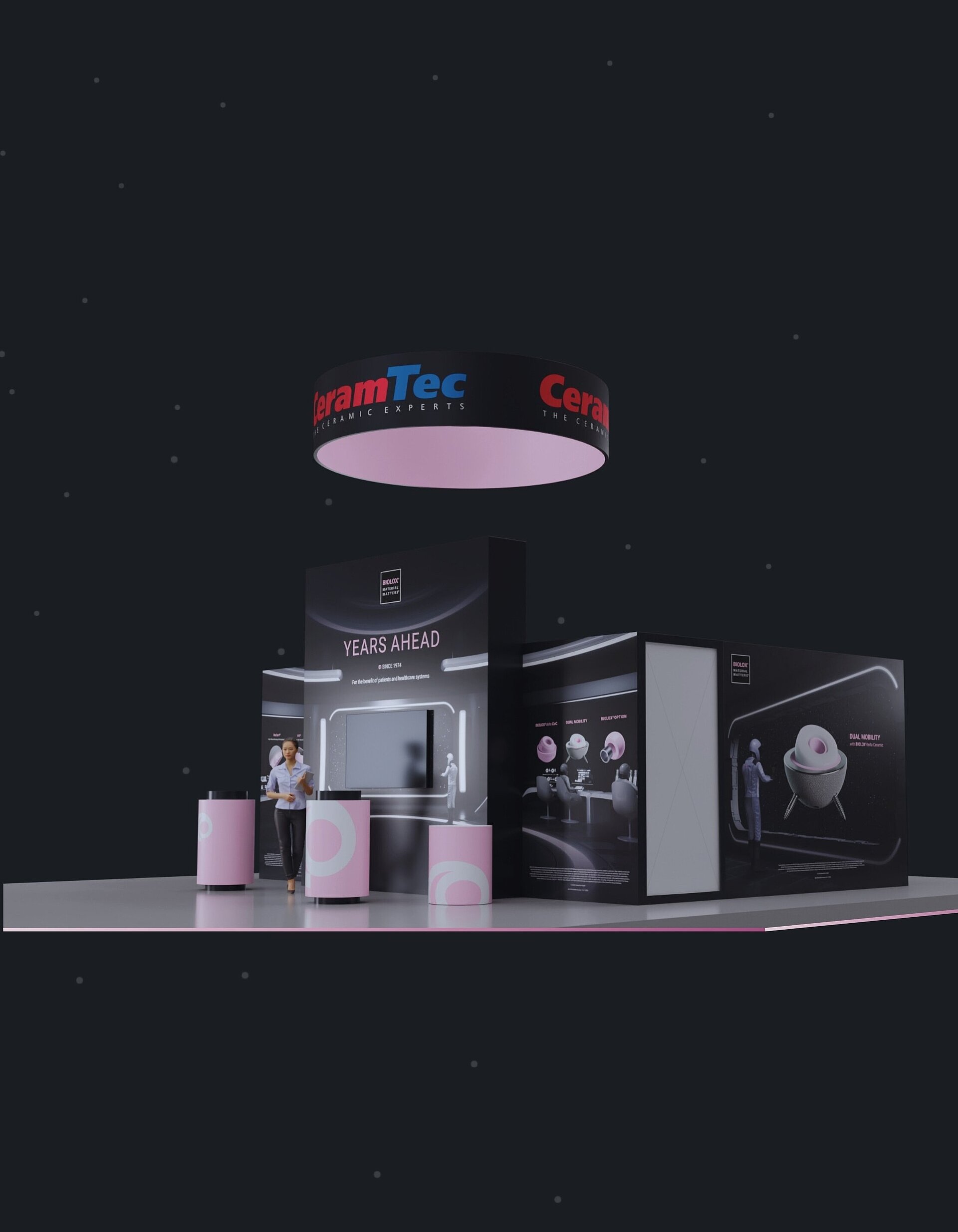 Exhibition booth displaying advanced orthopedic ceramic materials and implant technologies, presented at AAOS 2026 in New Orleans, USA.