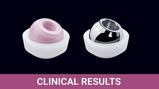 CoP ceramic liner and MoP metal femoral head in polyethylene cups; labeled Clinical Results comparing bearing surfaces in primary THA.