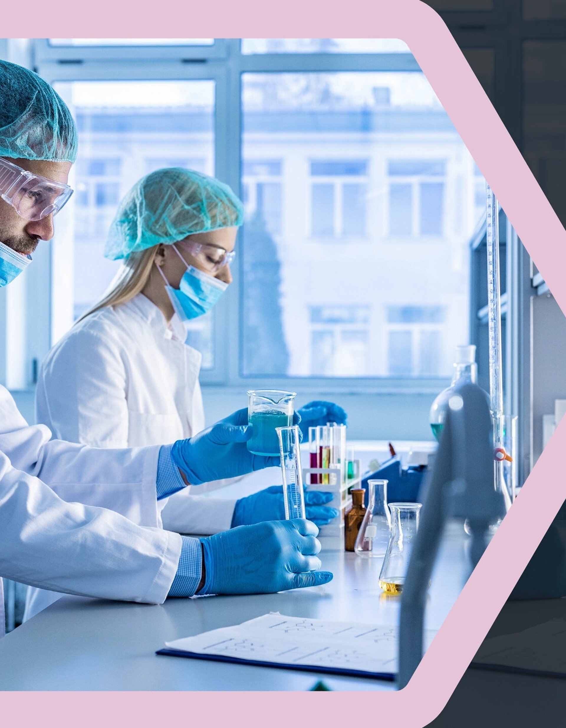 Two researchers in a laboratory conducting experiments, representing scientific work in metal-free orthopedic implant research.