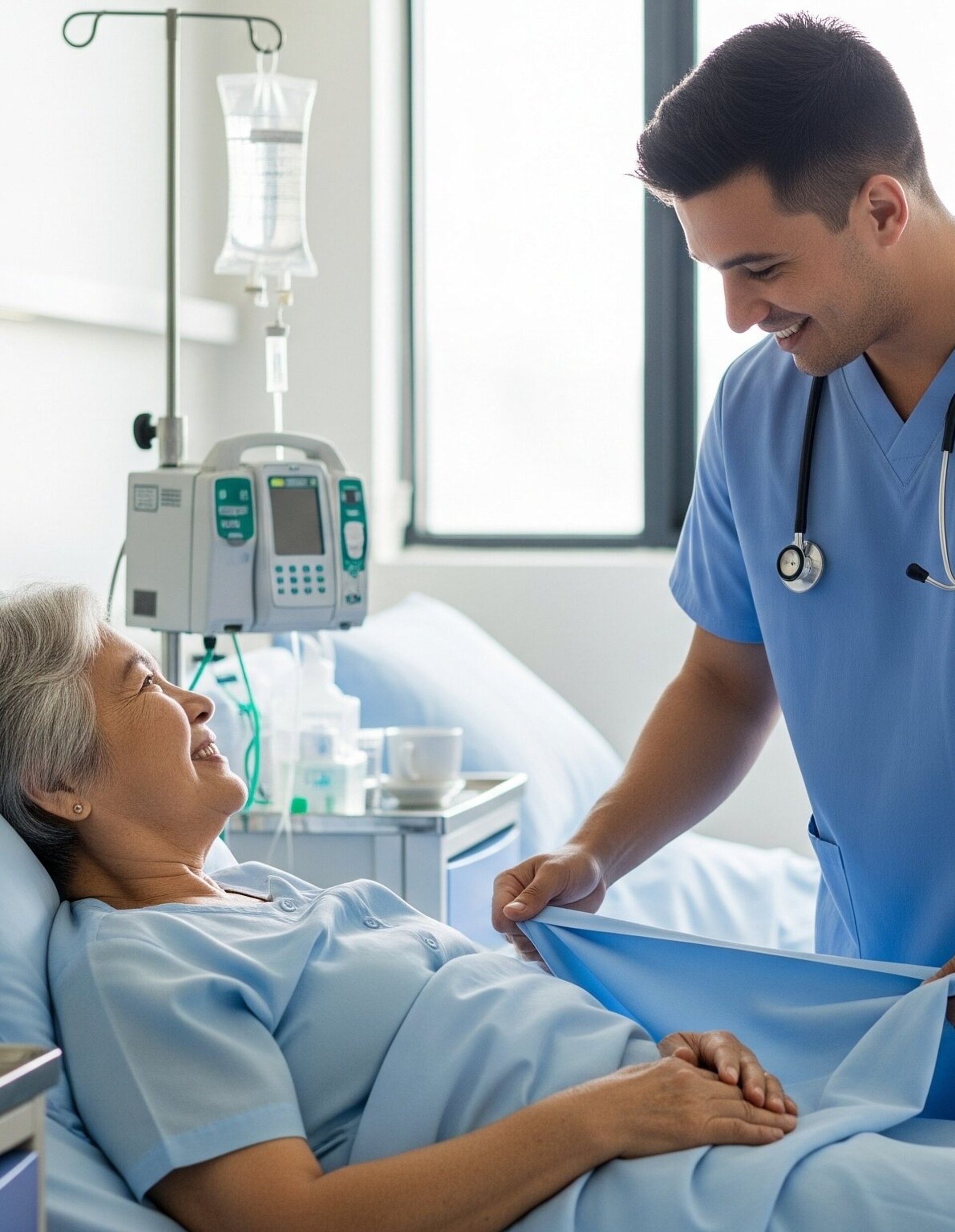 Caring male nurse adjusting hospital bed sheets for a smiling senior female patient 