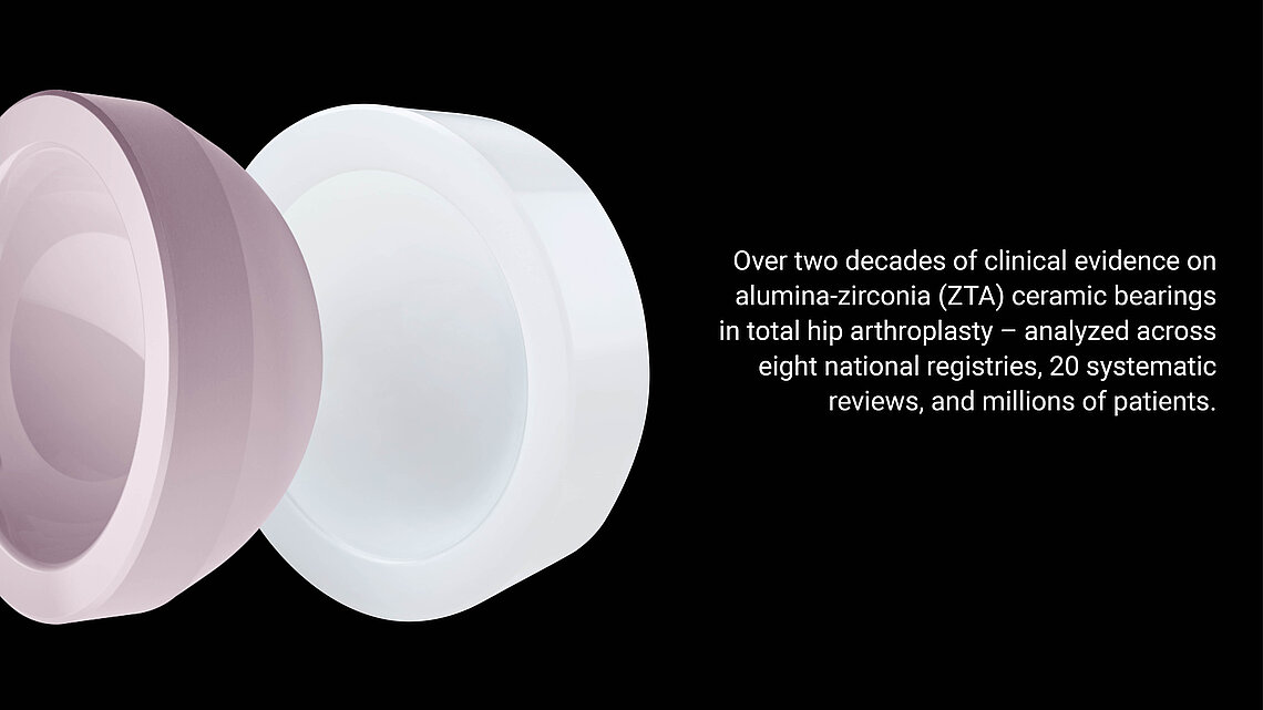 Exploded 3D render of ZTA ceramic hip bearing components — acetabular cup and femoral head — shown separated on a dark background.