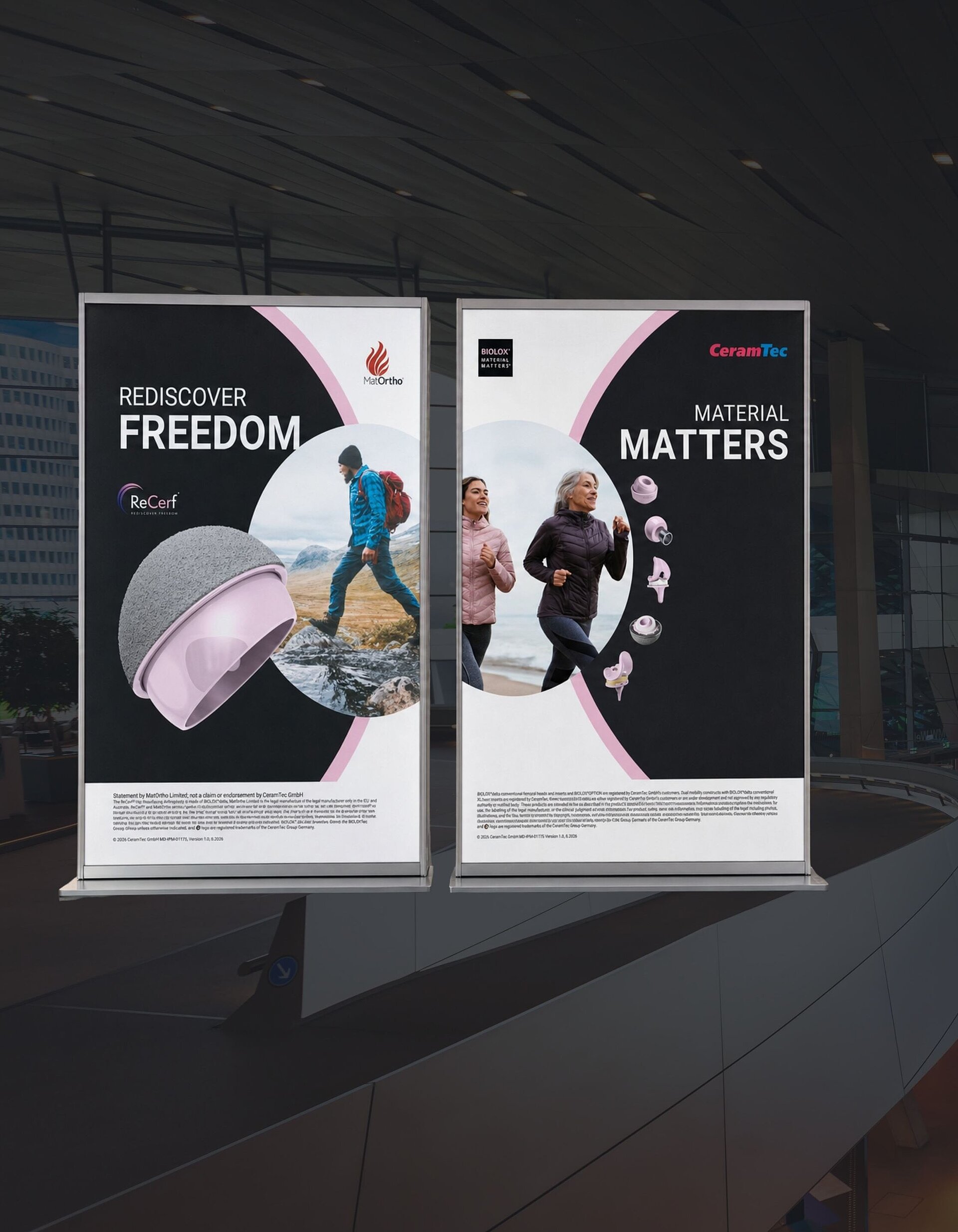 Two exhibition banners by MatOrtho and CeramTec promoting ceramic hip resurfacing and BIOLOX® implants at ISTA 2026 in Munich.