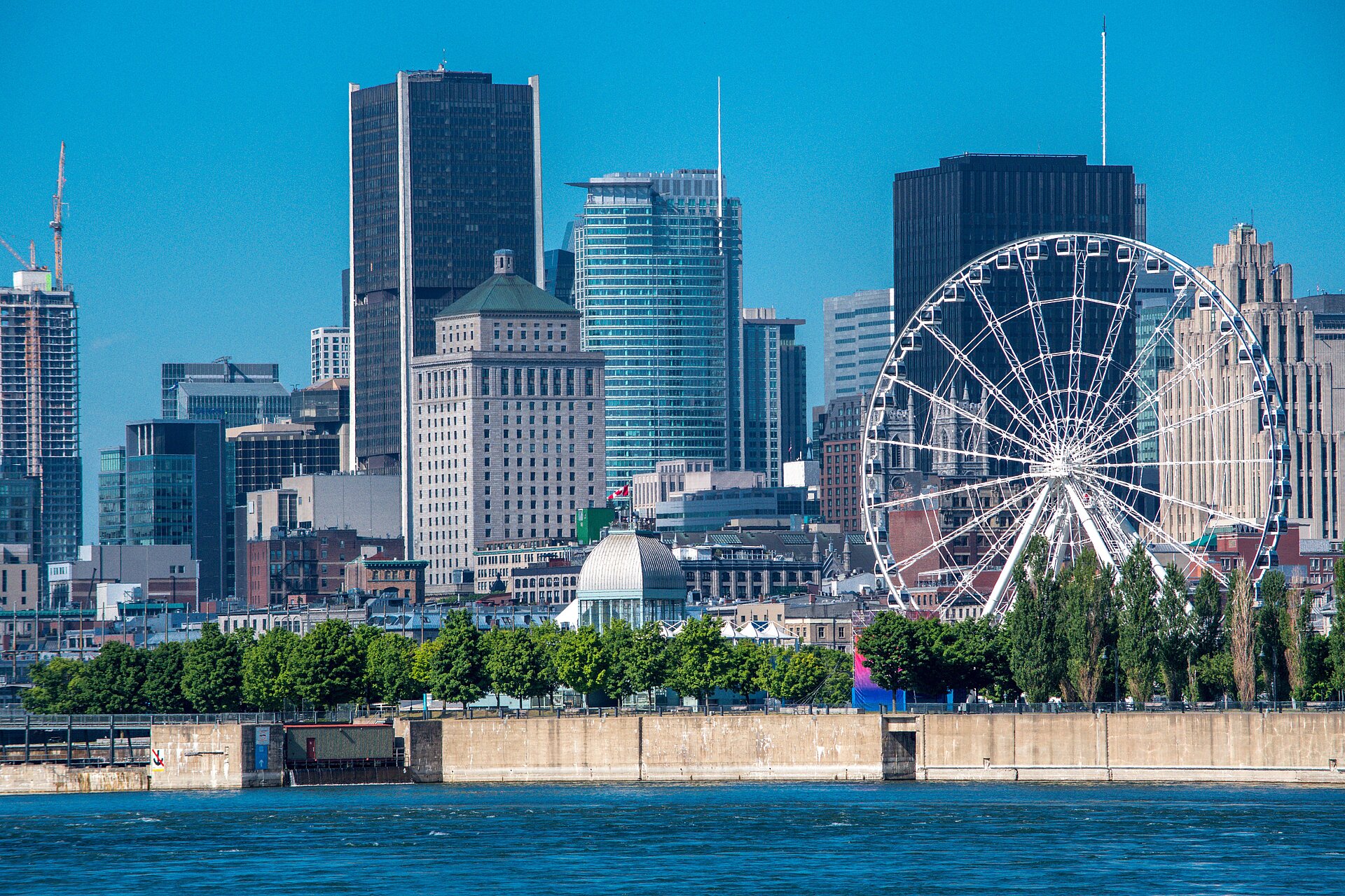 Montreal skyline with a Ferris wheel, waterfront and downtown buildings under a clear blue sky. 