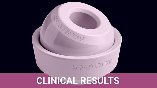 3D render of a BIOLOX® ceramic femoral head and acetabular insert as a ceramic-on-ceramic bearing pair, labeled Clinical Results