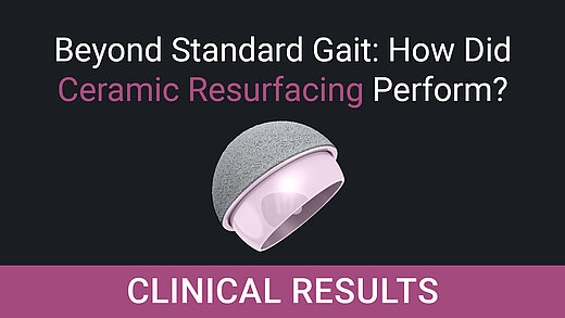 3D render of a BIOLOX®delta ceramic-on-ceramic hip resurfacing implant with clinical results headline.