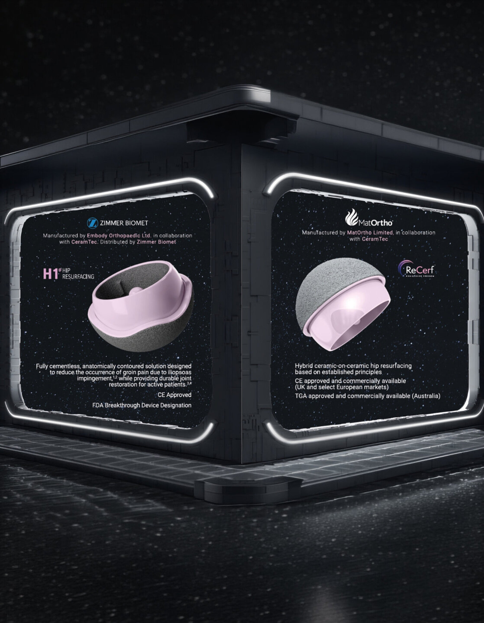 Promotional graphic showing a futuristic exhibition structure with illuminated displays of ceramic hip resurfacing components, including H1® Hip Resurfacing and ReCerf®. The scene is set against a dark, abstract background, representing participation at the London Hip Meeting in London on April 23, 2026.