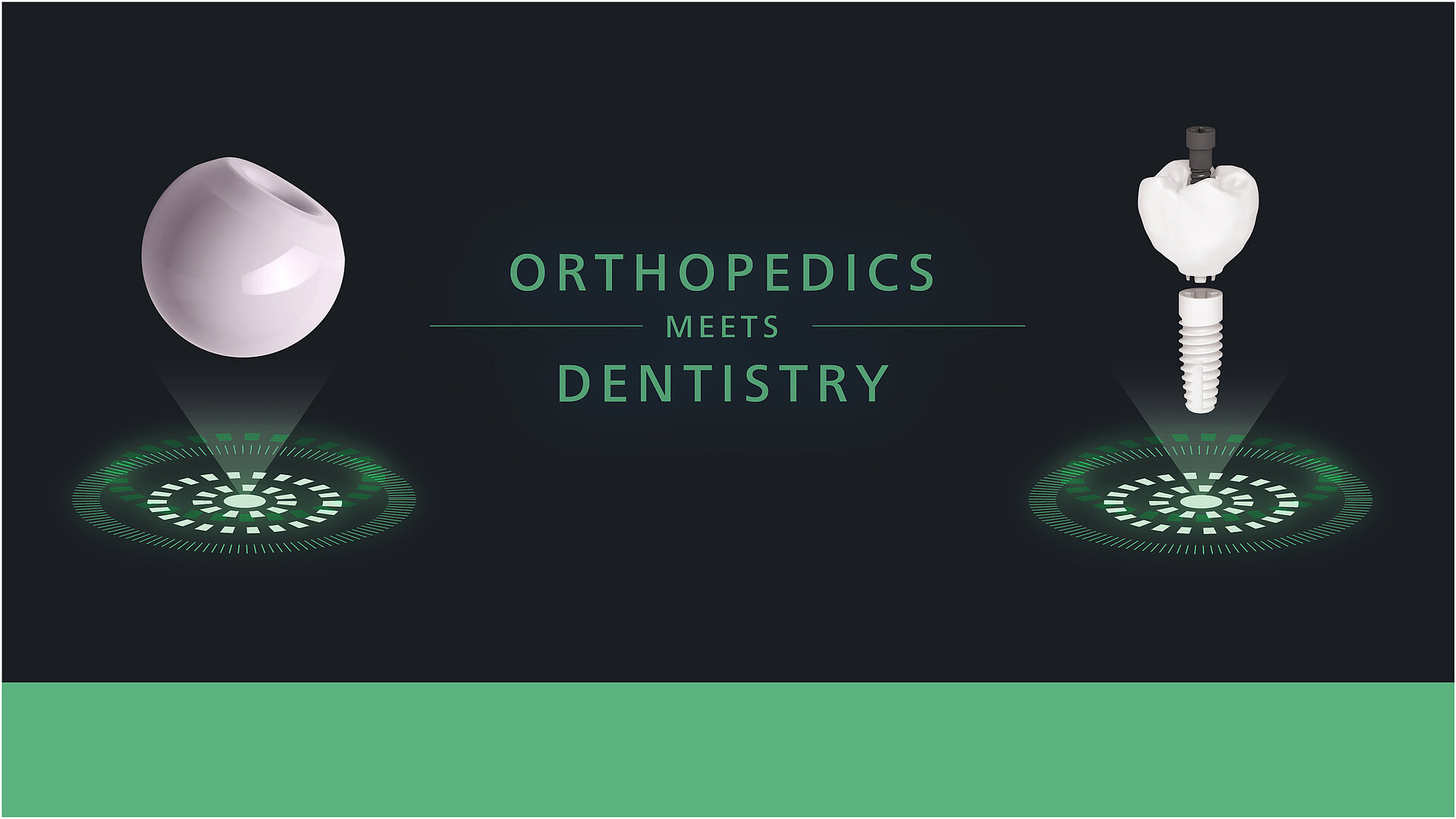 Digital illustration showing a ceramic femoral head and a dental implant with crown, accompanied by the text “Orthopedics Meets Dentistry,” representing the intersection of orthopedic and dental implant technology.