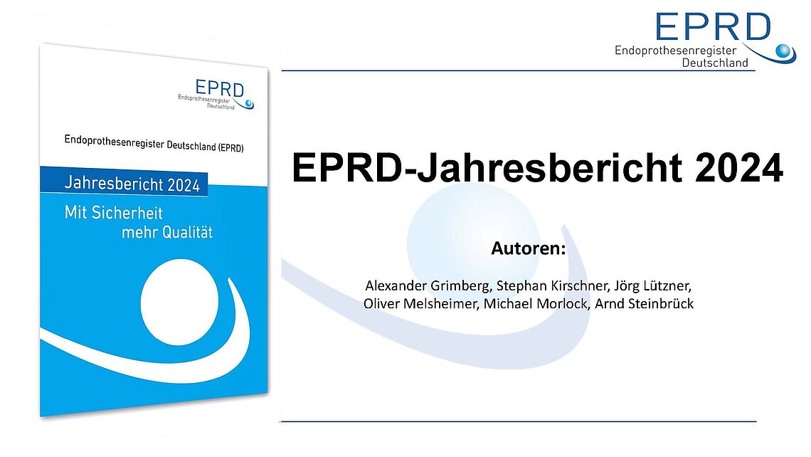 Titelseite und Cover des EPRD-Jahresberichts 2024 des Endoprothesenregisters Deutschland mit Schwerpunkt „Mit Sicherheit mehr Qualität“ zu Ergebnissen bei der Endoprothetik.