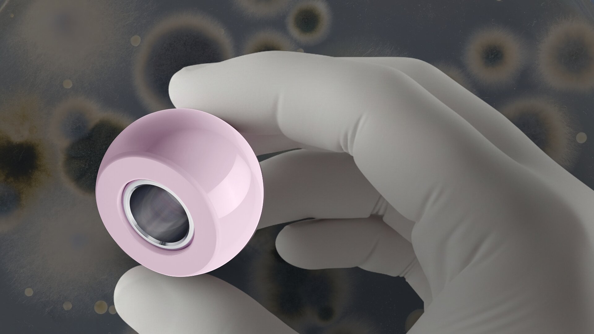 Gloved hand holding a BIOLOX®delta ceramic femoral head component against a blurred bacterial culture background.