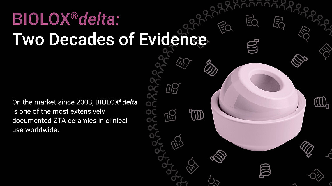 BIOLOX®delta ceramic acetabular cup with clinical data icons, representing over 20 years of documented ZTA ceramic evidence.