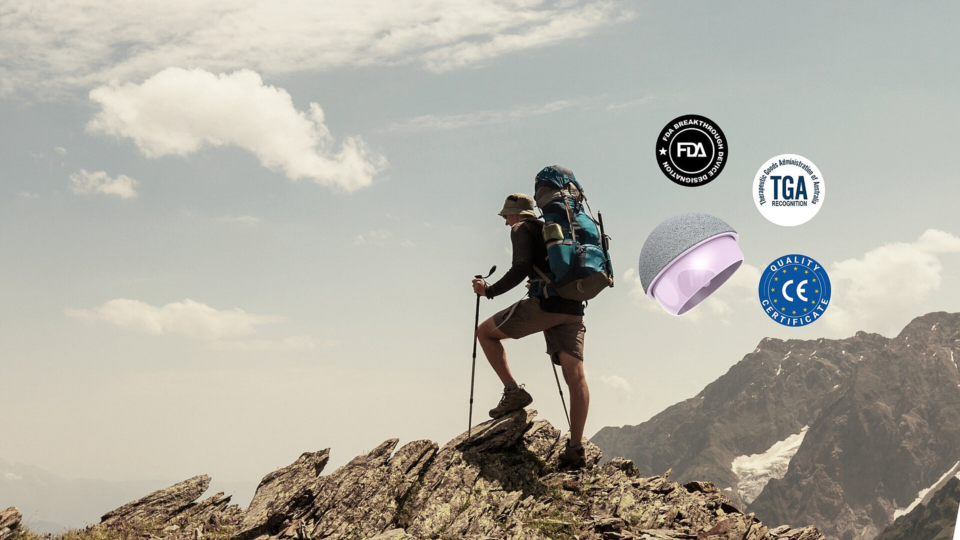 A hiker with a large backpack and trekking poles stands atop a rocky mountain peak under a partly cloudy sky. The image highlights MatOrtho’s internationally recognized medical certifications: FDA Breakthrough Device Designation (USA, 2023), recognition by the Therapeutic Goods Administration (Australia, 2024), and CE marking for the European market (2025).