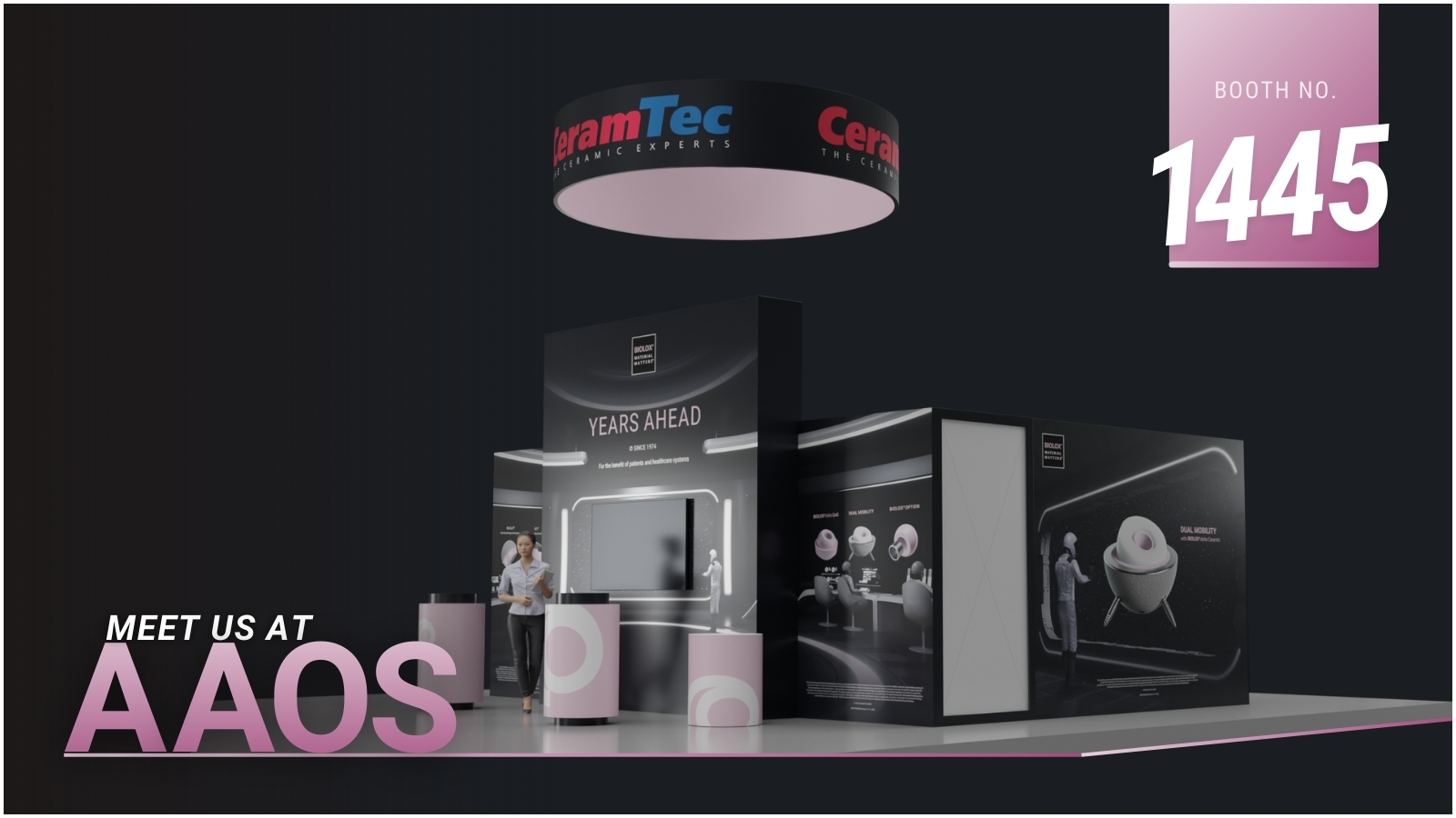 Exhibition booth with CeramTec and BIOLOX branding, including a circular overhead display and graphics of orthopedic implant components. The image features the text “Meet Us at AAOS” and “Booth No. 1445.”