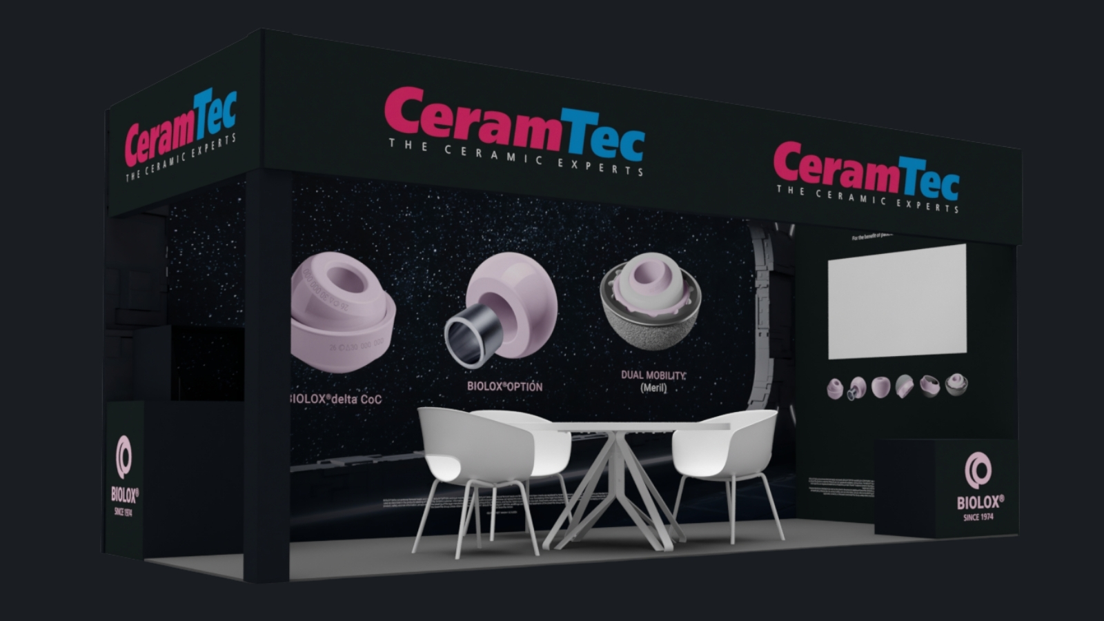 Exhibition booth with CeramTec branding featuring ceramic orthopedic implant components, including BIOLOX®delta CoC, BIOLOX®OPTION, and a dual‑mobility design. The display is set against a dark background with space‑themed visuals. Seating and a presentation area are visible, promoting CeramTec’s presence at the ISHKS Congress in Pune, India, April 10–12.
