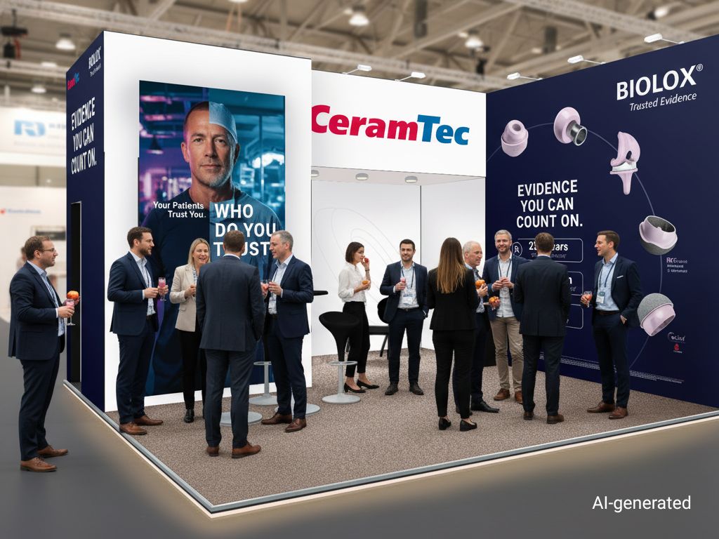 Rendering of the CeramTec booth with visitors networking; BIOLOX® wall with ceramic hip and knee implants